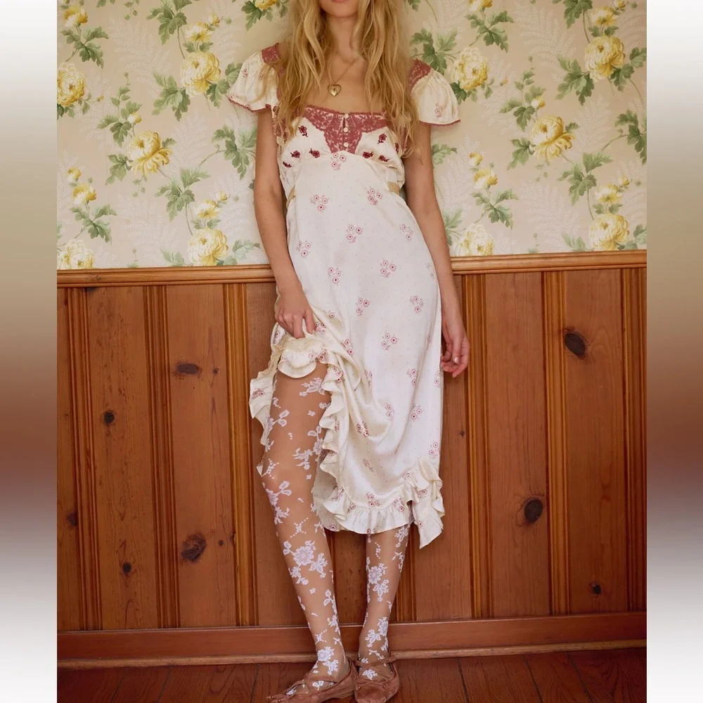 Free People Cream Midi Dress with Pink Floral Lace